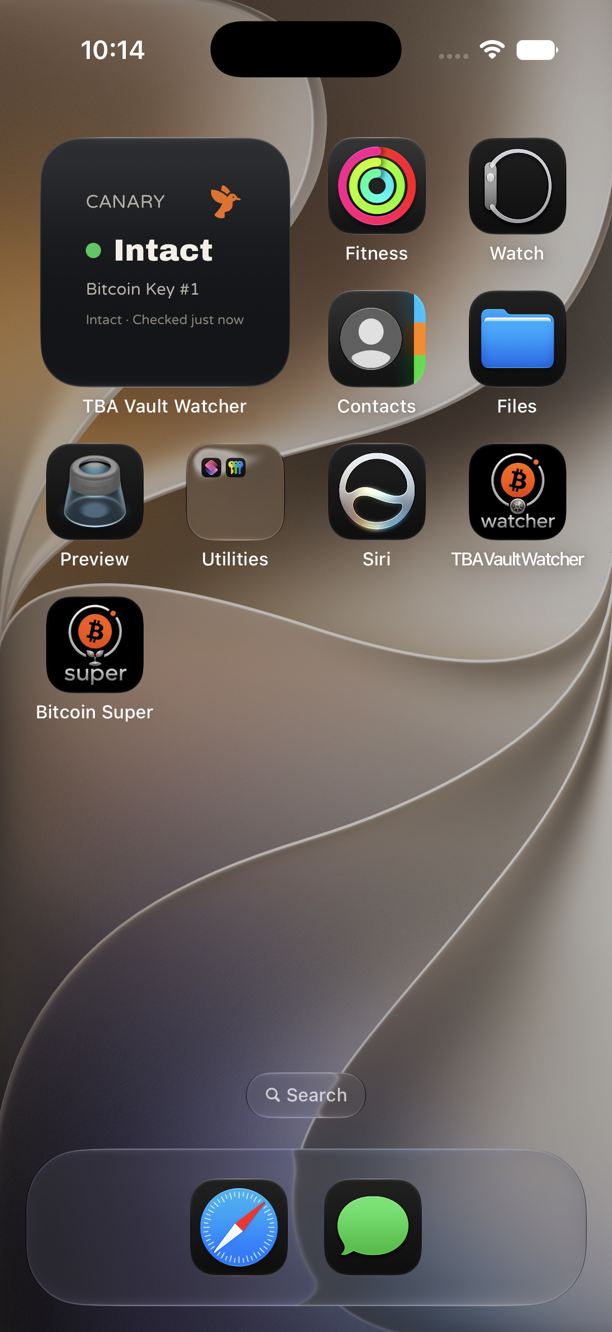 Vault Watcher home-screen widget showing CANARY Intact for Bitcoin Key #1
