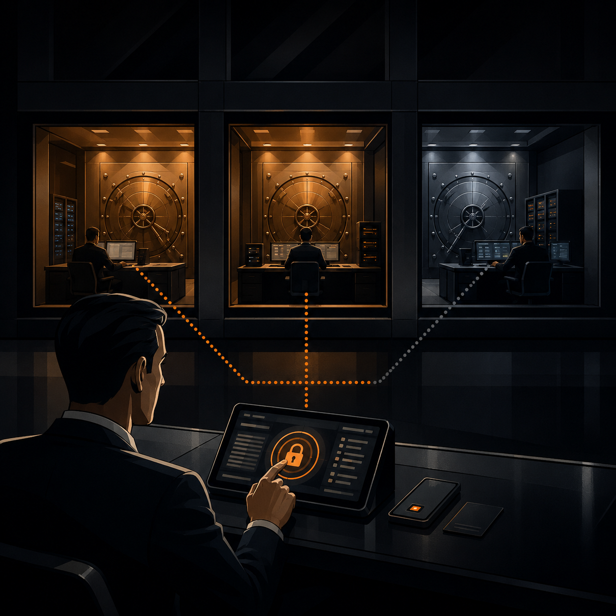 Client authorising in the foreground while three separate institutional vault rooms hold signing authority behind them