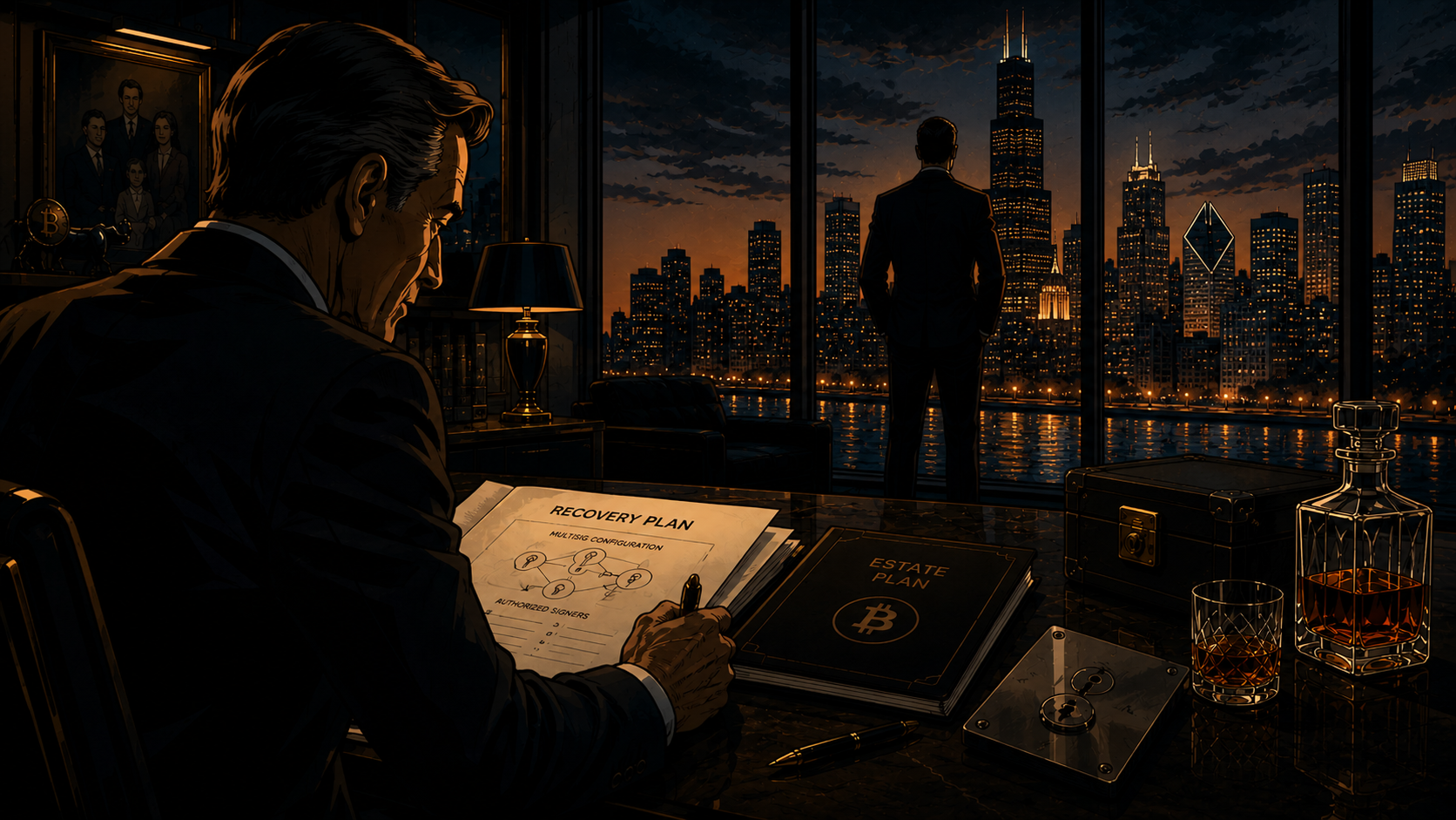Family office at night: recovery plan with multisig diagram, estate plan materials, and executives reviewing Bitcoin operational controls