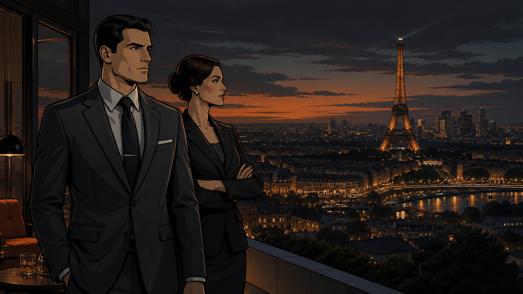 Professionnels en tenue regardant Paris au crépuscule, symbolisant une approche privée et durable de la sécurité du Bitcoin