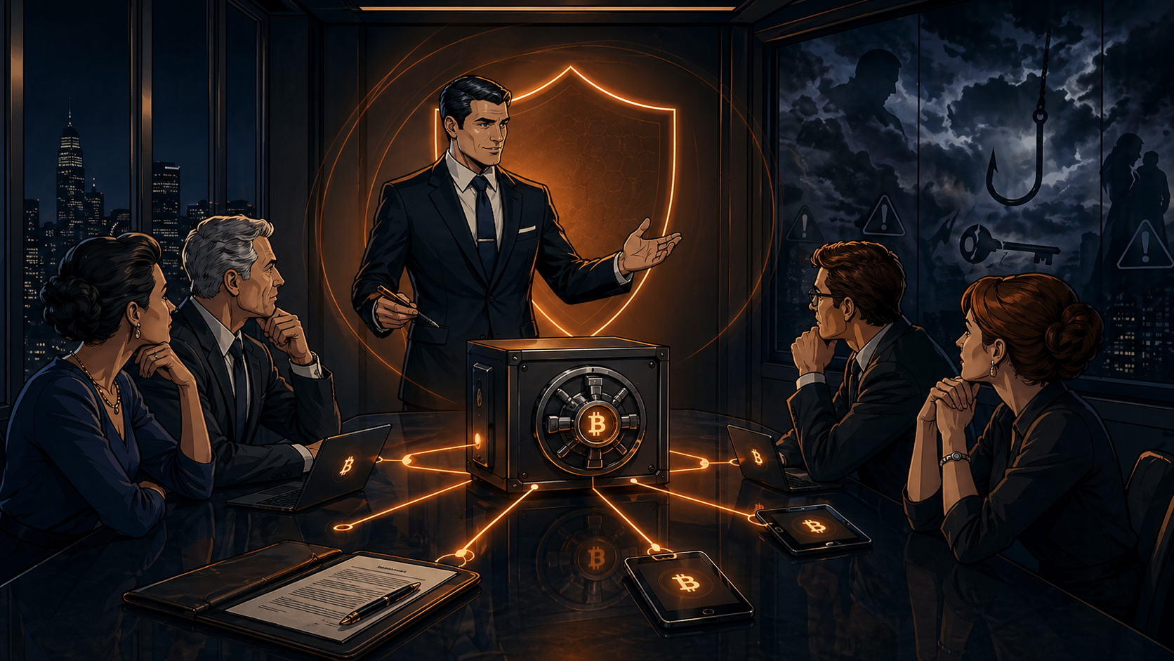 Illustration: professionals in a boardroom around collaborative Bitcoin security; city at night with risk symbols beyond the window.