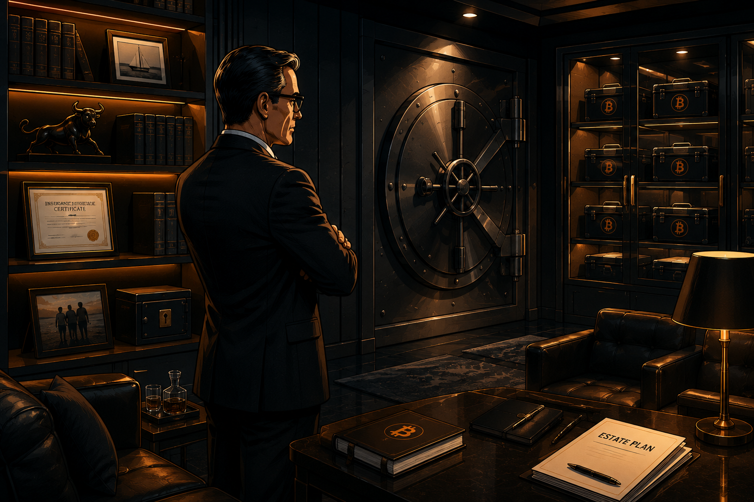 Private study with a bank vault, insurance certificate and estate plan documents under warm desk lighting