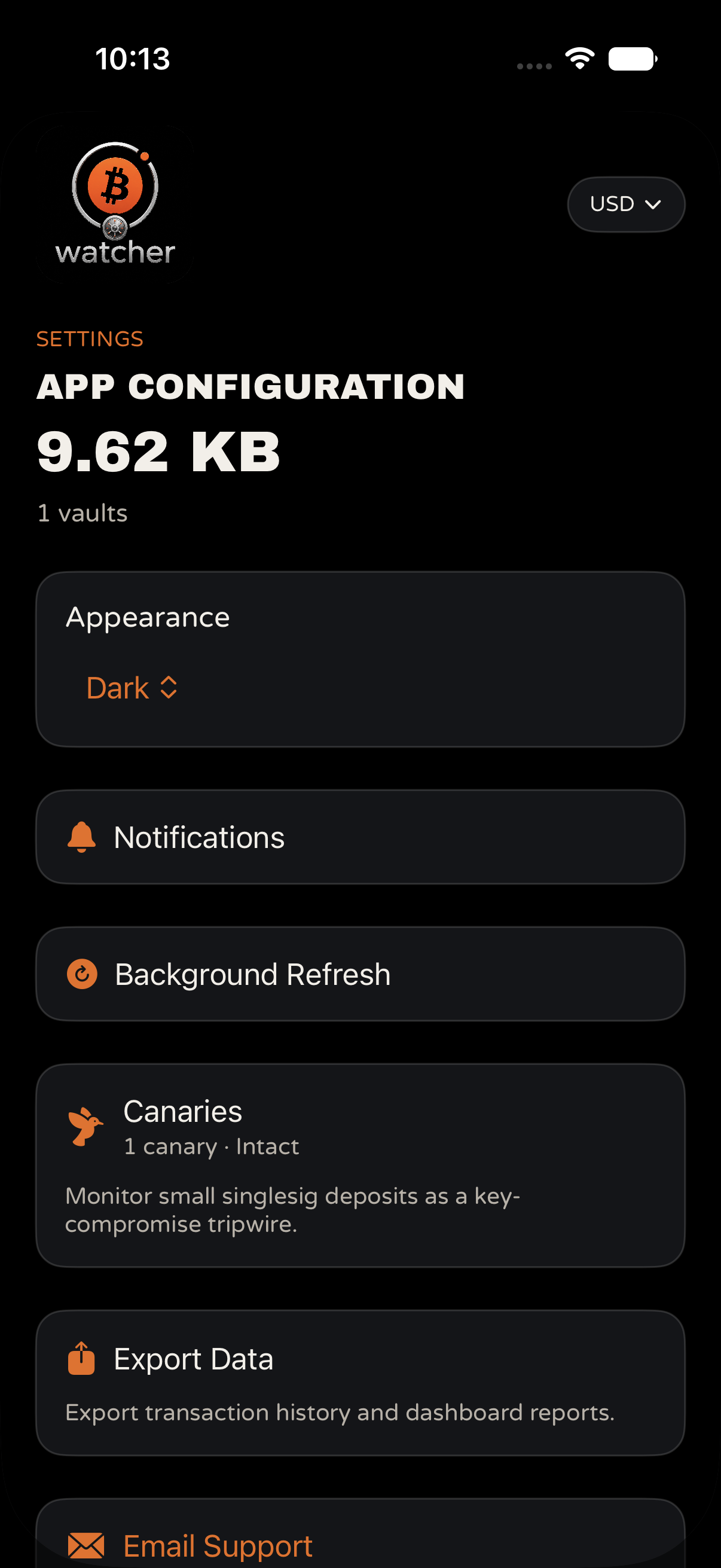 Vault Watcher Settings showing the Canaries row under App Configuration