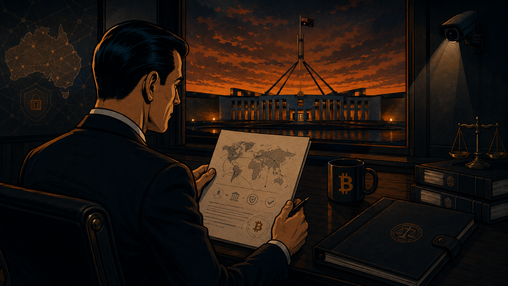 Illustration: adviser reviewing a global transfer compliance document with Bitcoin symbol, Australian Parliament House visible through the window at dusk