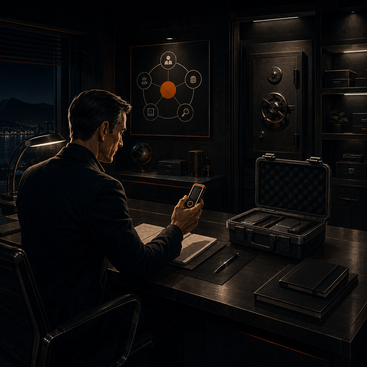 Capable owner at a private security desk with hardware signer, backup case and organised documents