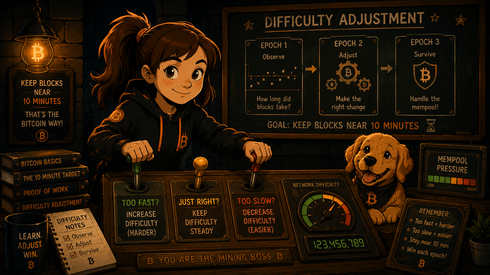 Young mining boss at a difficulty control panel with levers, gauges, and a chalkboard explaining observe, adjust, and survive epochs to keep blocks near 10 minutes