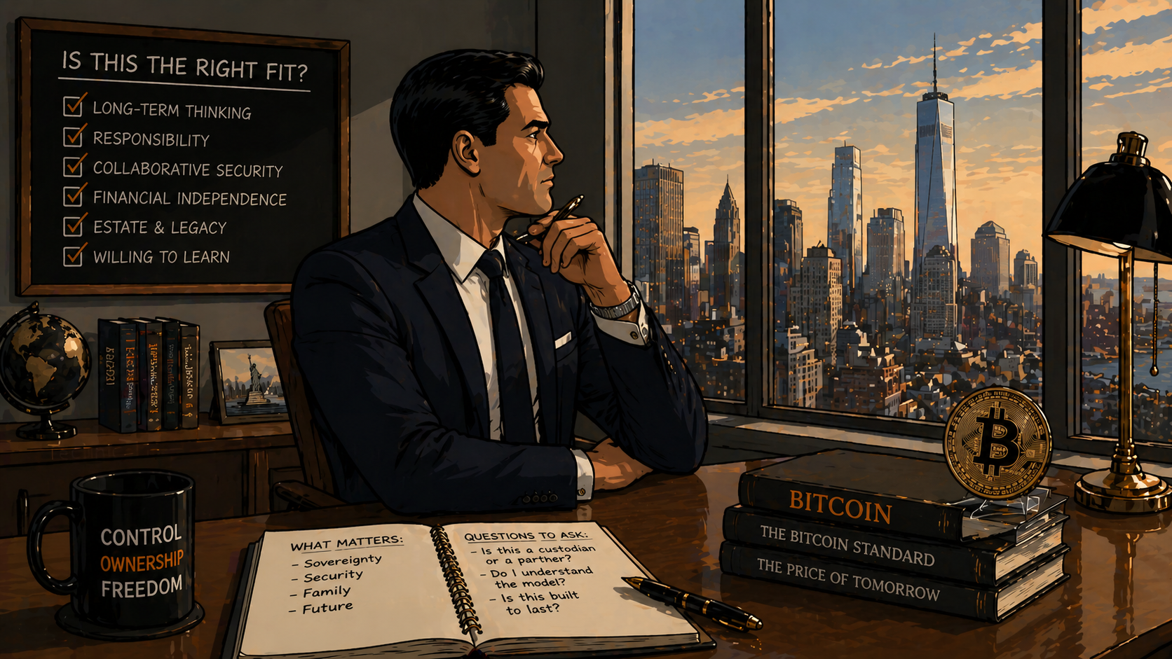 Illustration: professional in a high-rise office at sunset, fit checklist on the wall, open notebook and Bitcoin on the desk