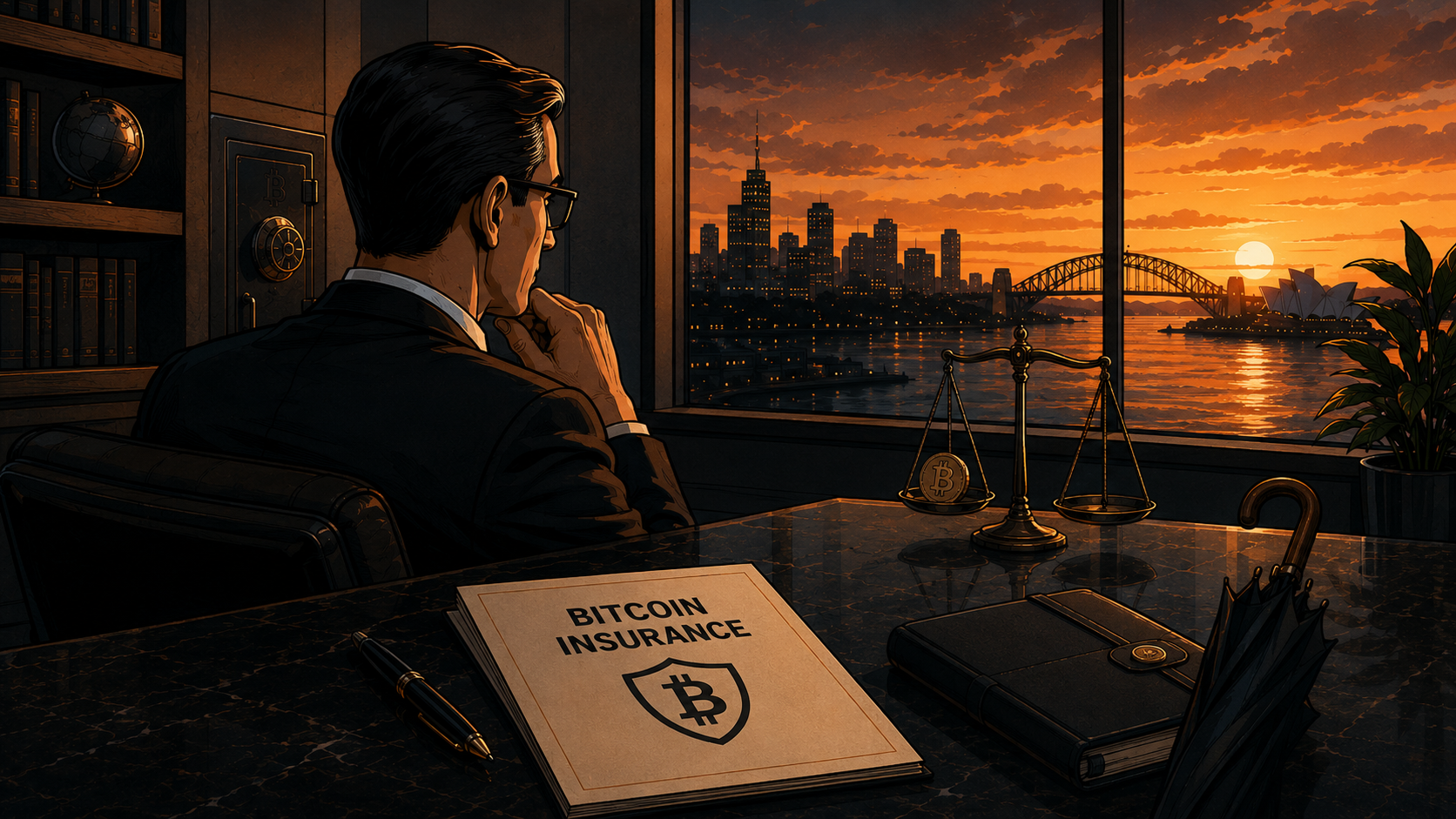 Executive reviewing Bitcoin insurance documents at dusk, with Sydney harbour beyond the office window