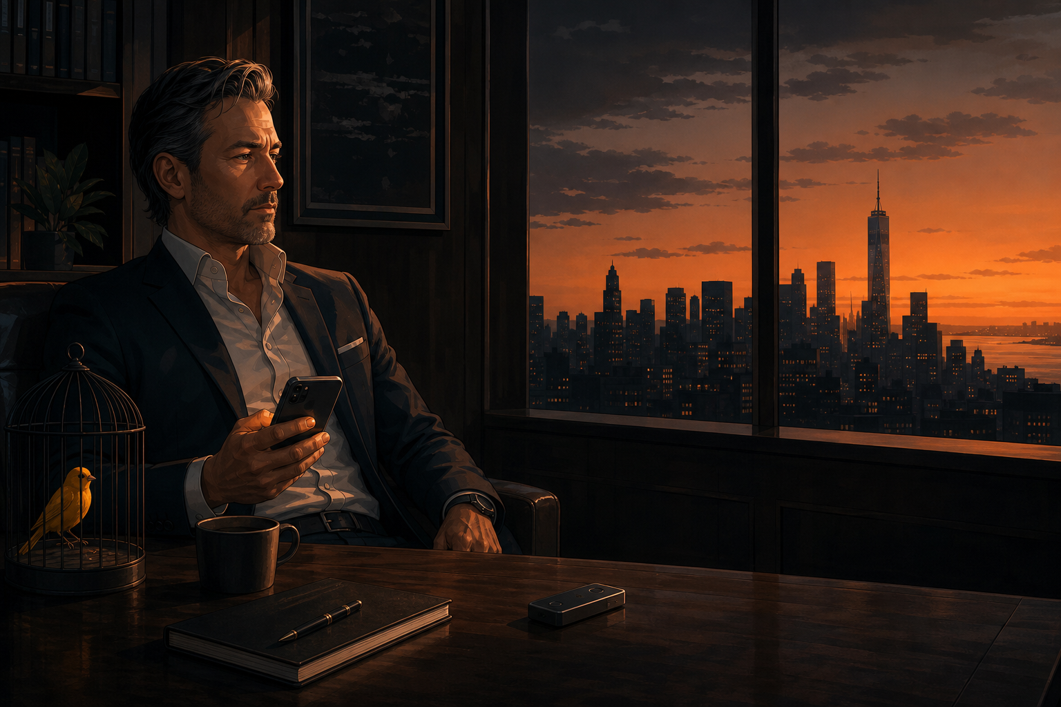 Man in a dark office at sunset looking over a city skyline, with a yellow canary in a cage and a hardware wallet on the desk