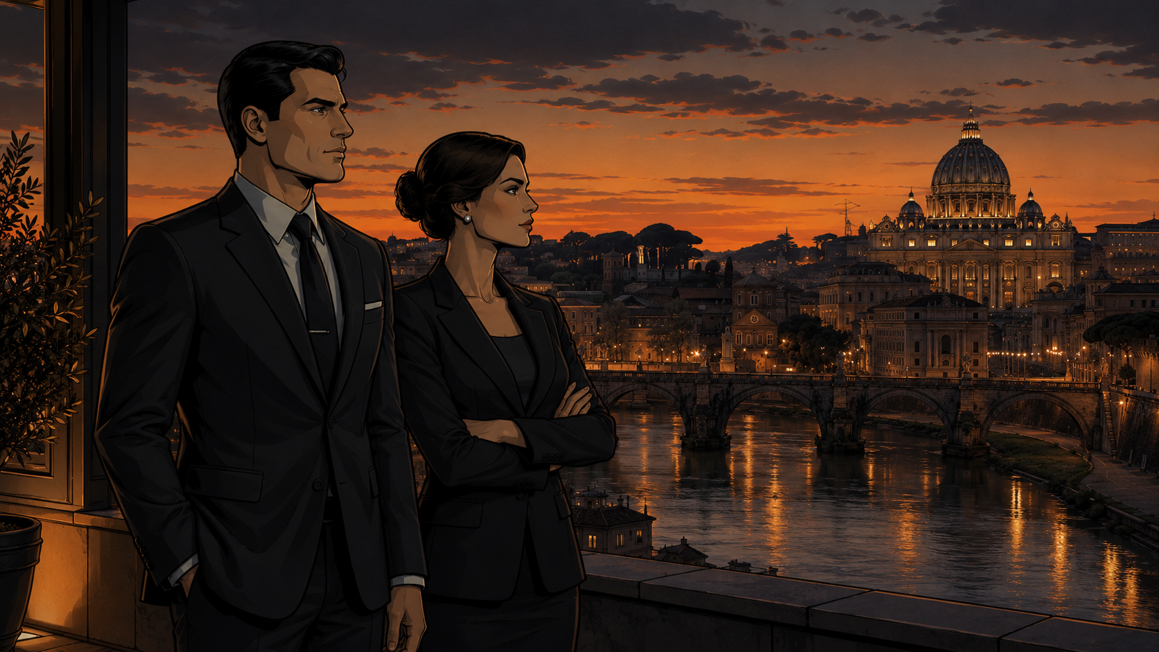 Professionisti in abiti formali con vista su Roma al tramonto, simbolo di un approccio riservato e di lungo termine alla self-custody Bitcoin