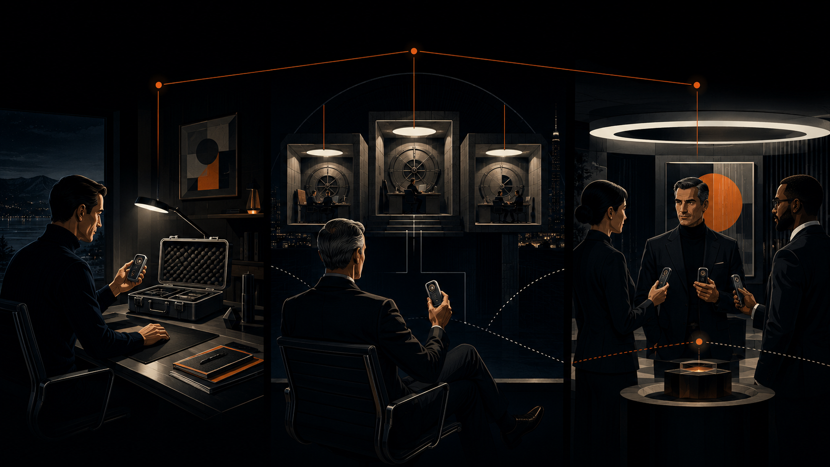 Three connected zones showing owner-managed security, multi-institution custody and collaborative security as equally serious architectures
