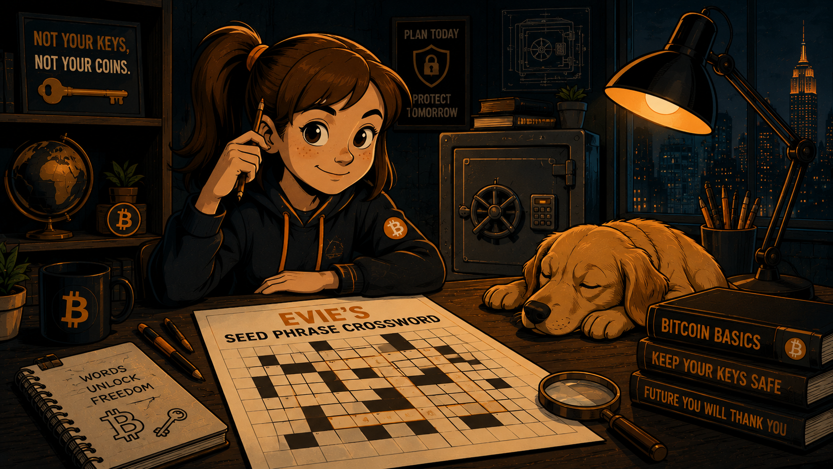 Evie at her desk working on a seed phrase crossword puzzle, with a golden retriever puppy, Bitcoin books, a safe, and warm desk lamp lighting