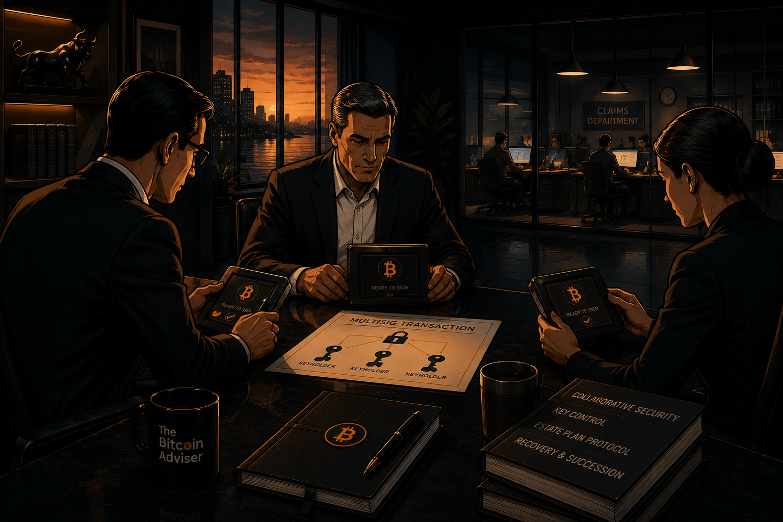 Three professionals confirming a multisig transaction while a claims department operates beyond the glass