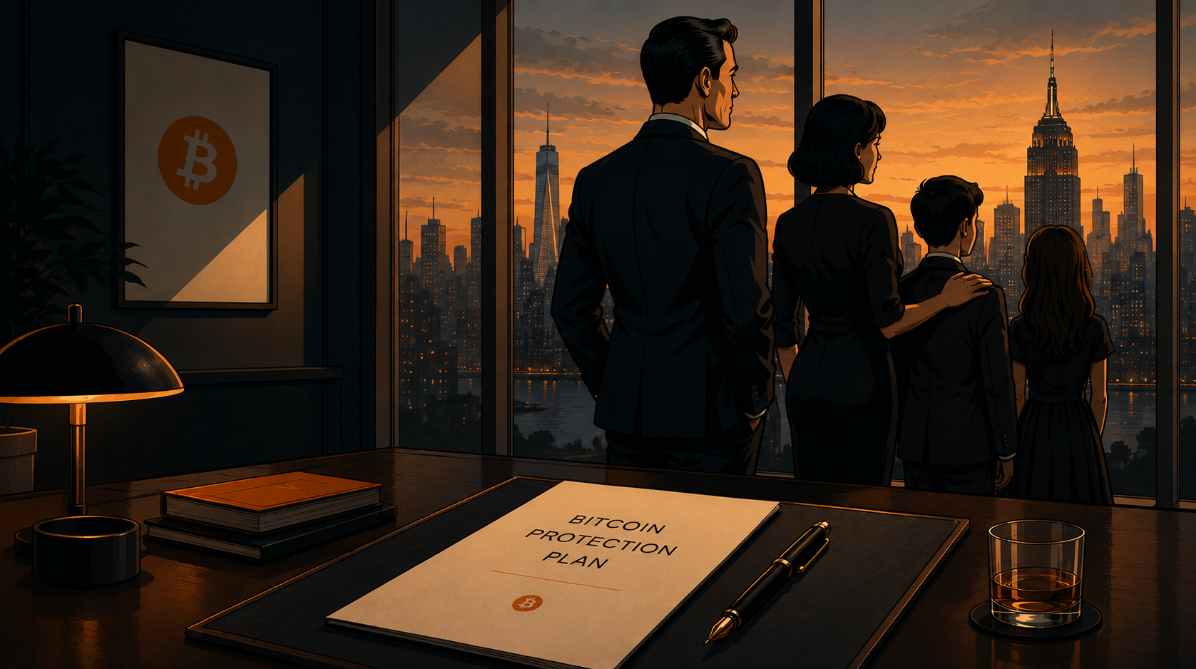 Family at dusk overlooking a city skyline; continuity planning atmosphere.