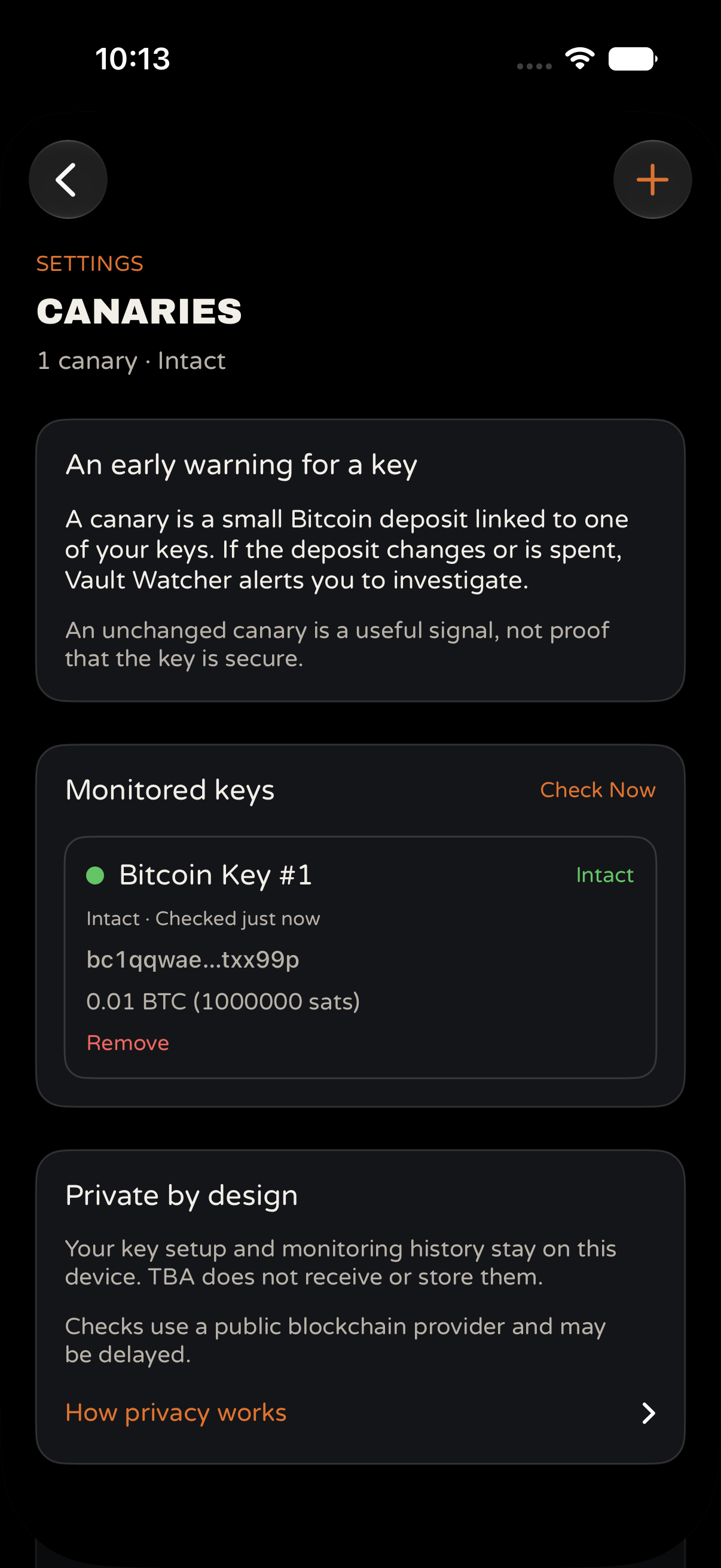 Vault Watcher Canaries list showing Intact status for Bitcoin Key #1 and privacy copy
