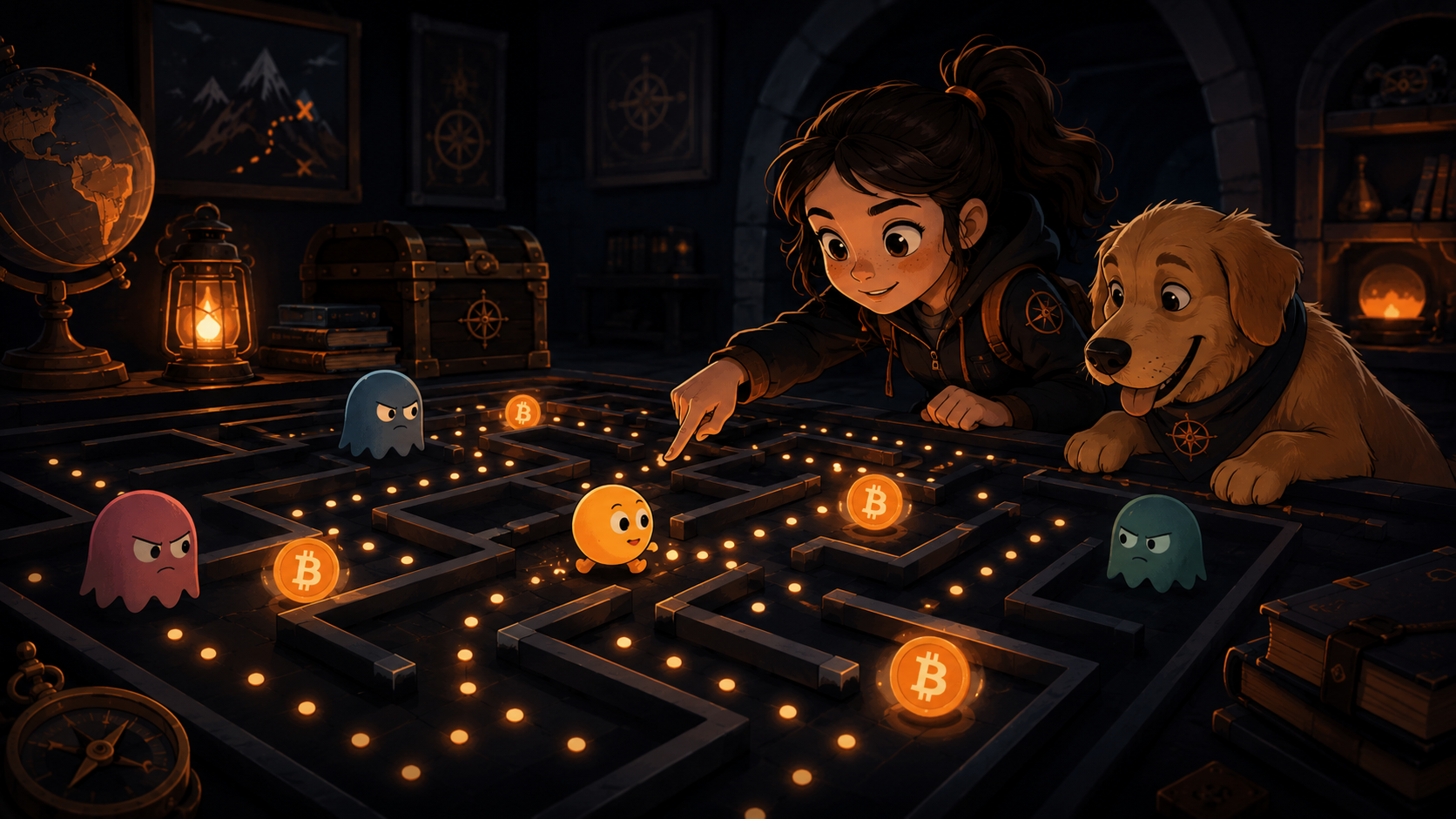 Young explorer and golden retriever studying a glowing Bitcoin maze tabletop with orange coin collector, luminous sat dots, and pastel distraction sprites in a treasure-hunt study