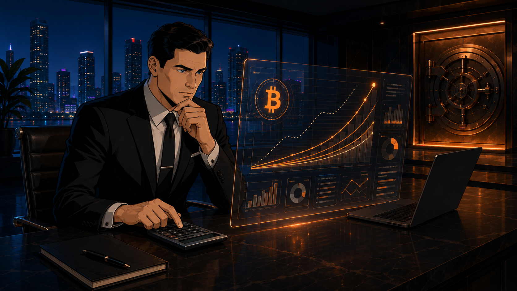 Illustration of a professional reviewing Bitcoin charts and projections in a high-rise office, with vault imagery