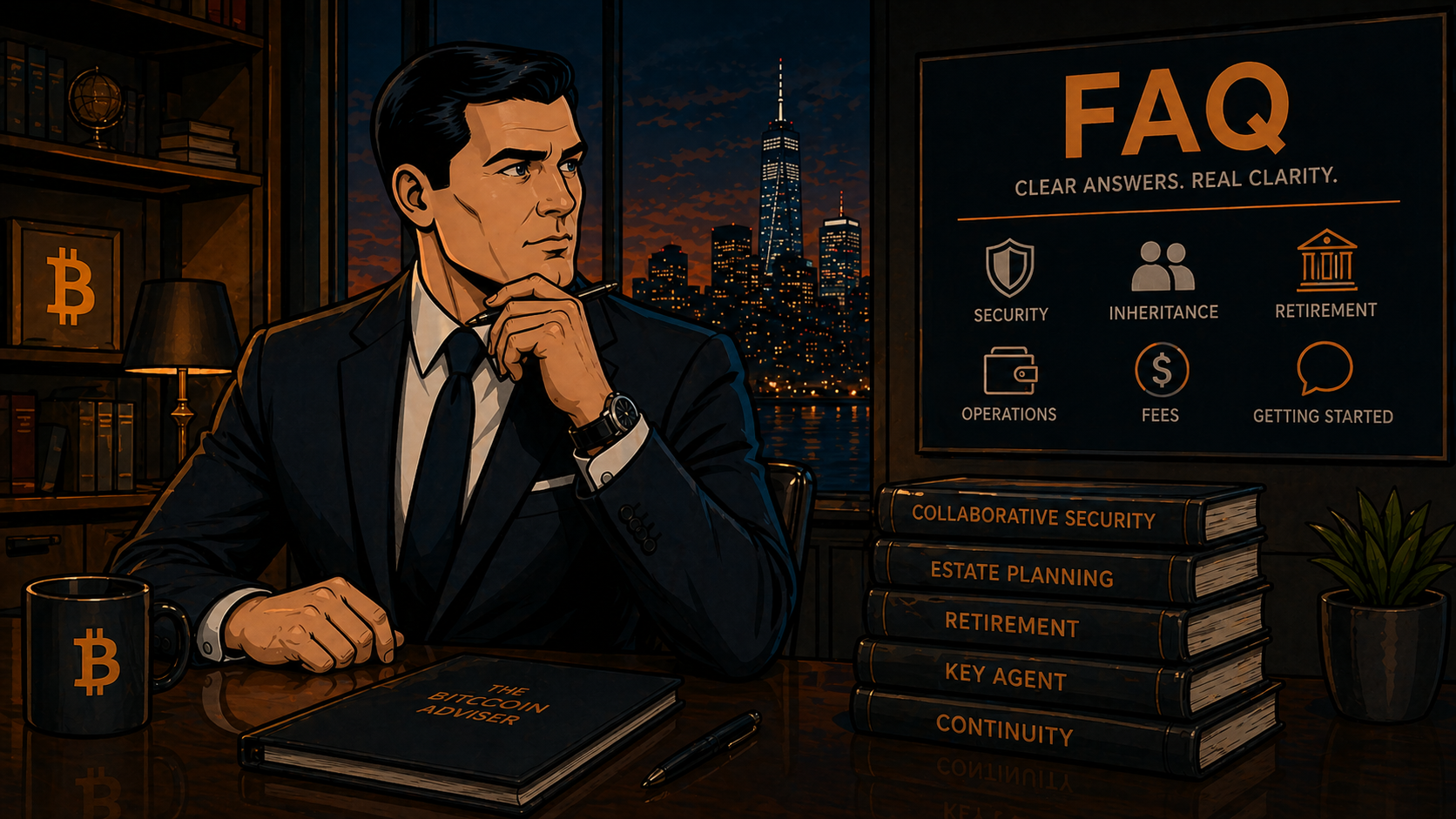 Adviser at a desk with books on security and continuity, and an FAQ reference panel
