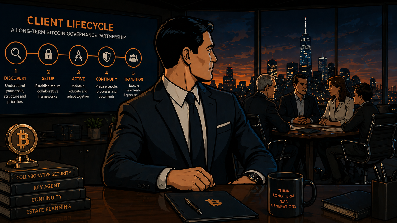 Client lifecycle: long-term Bitcoin governance partnership, collaborative office and phased stewardship visual