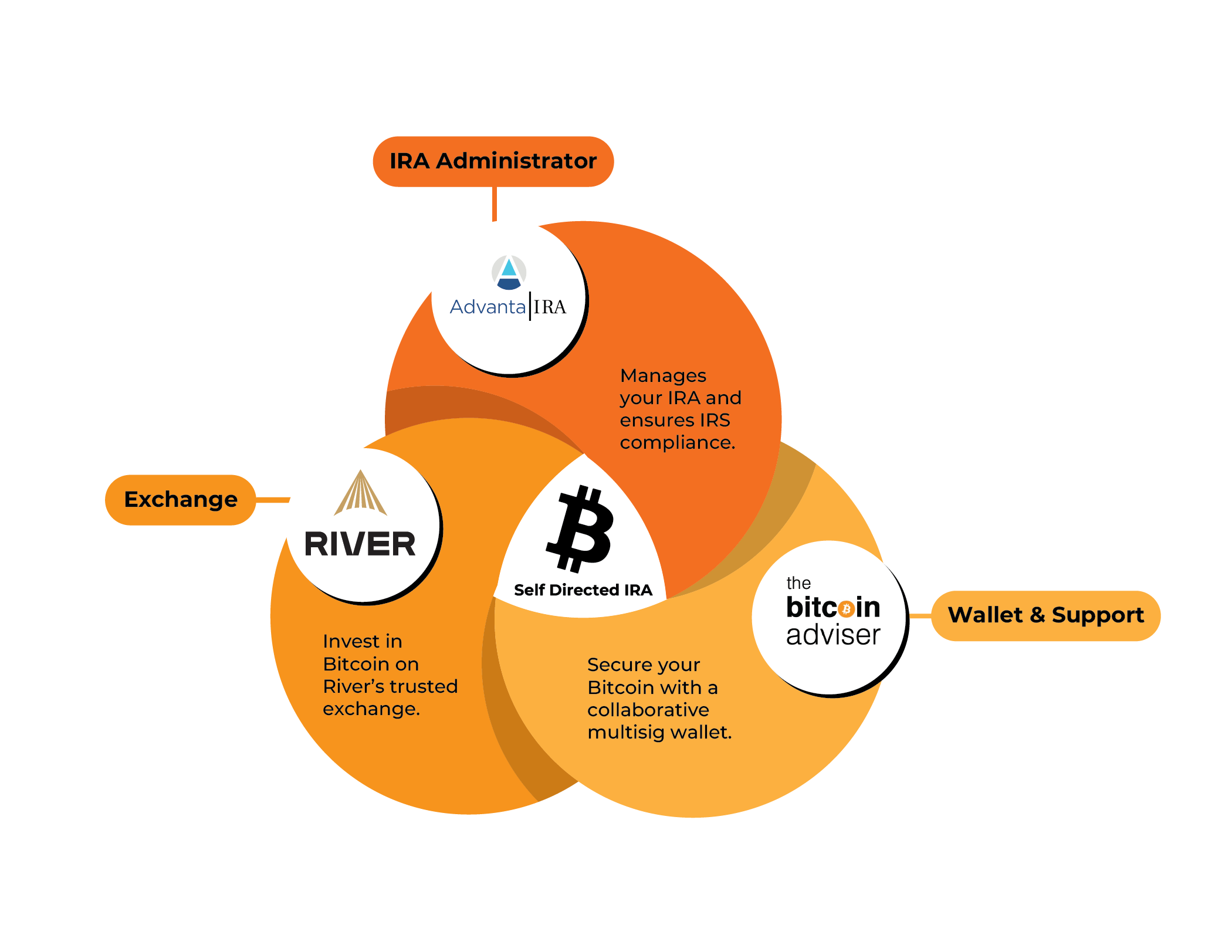 Self Directed HSA system diagram showing HSA Administrator (Advanta Trust), Exchange (River), and Wallet & Support (The Bitcoin Adviser) working together