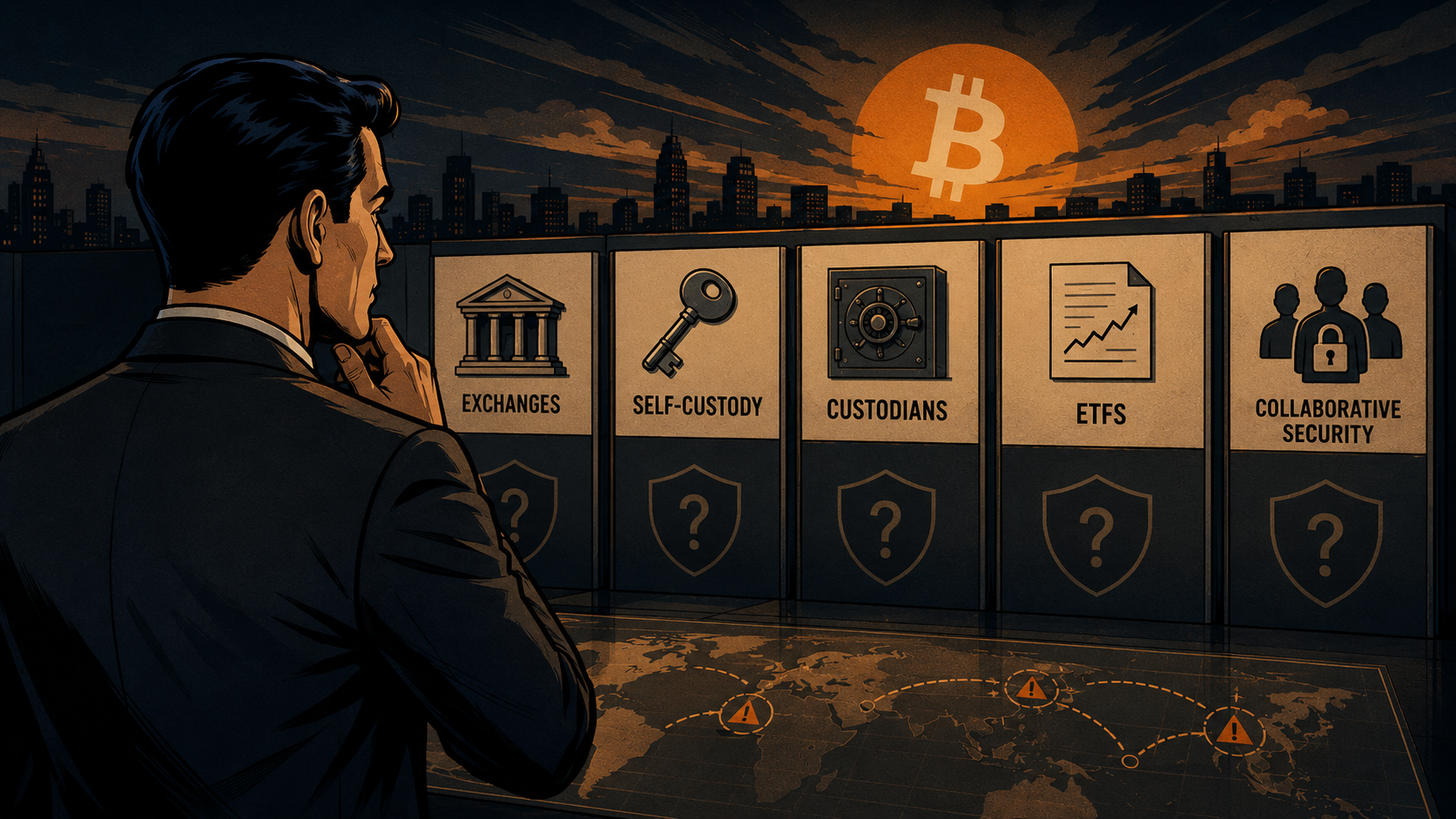 Illustration of a professional comparing Bitcoin security options: exchanges, self-custody, custodians, ETFs, and collaborative security, with a Bitcoin sun over a city skyline