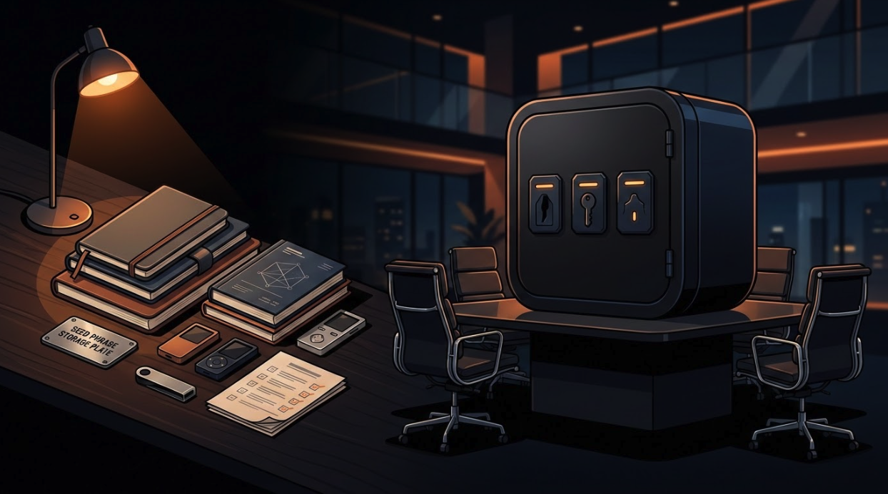 Bitcoin self-custody workspace with hardware wallets and seed backup plate, transitioning to a collaborative security setting