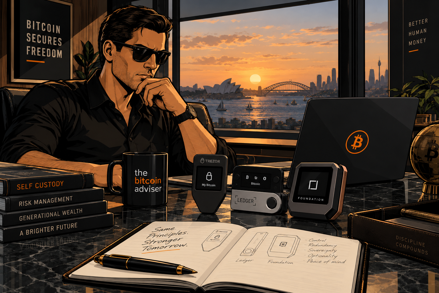 Adviser reviewing Trezor, Ledger and Foundation signing devices at a desk overlooking Sydney Harbour