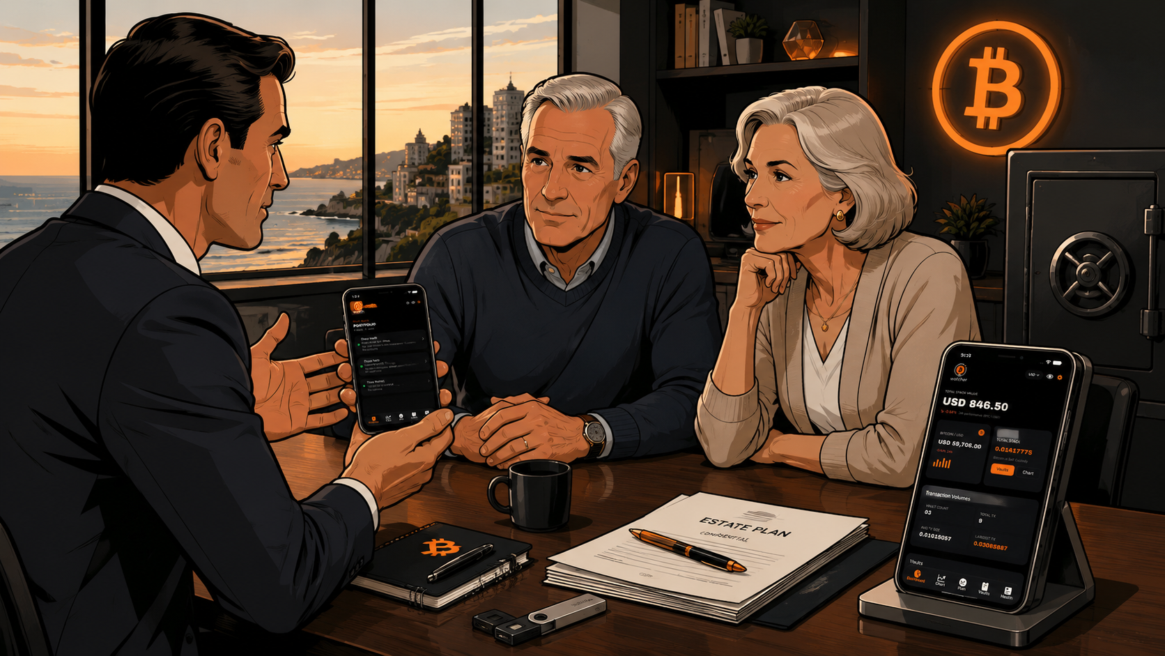 Illustration of an adviser with an older couple in a high end office at sunset; collaborative security devices, estate plan folder, and harbour city view.