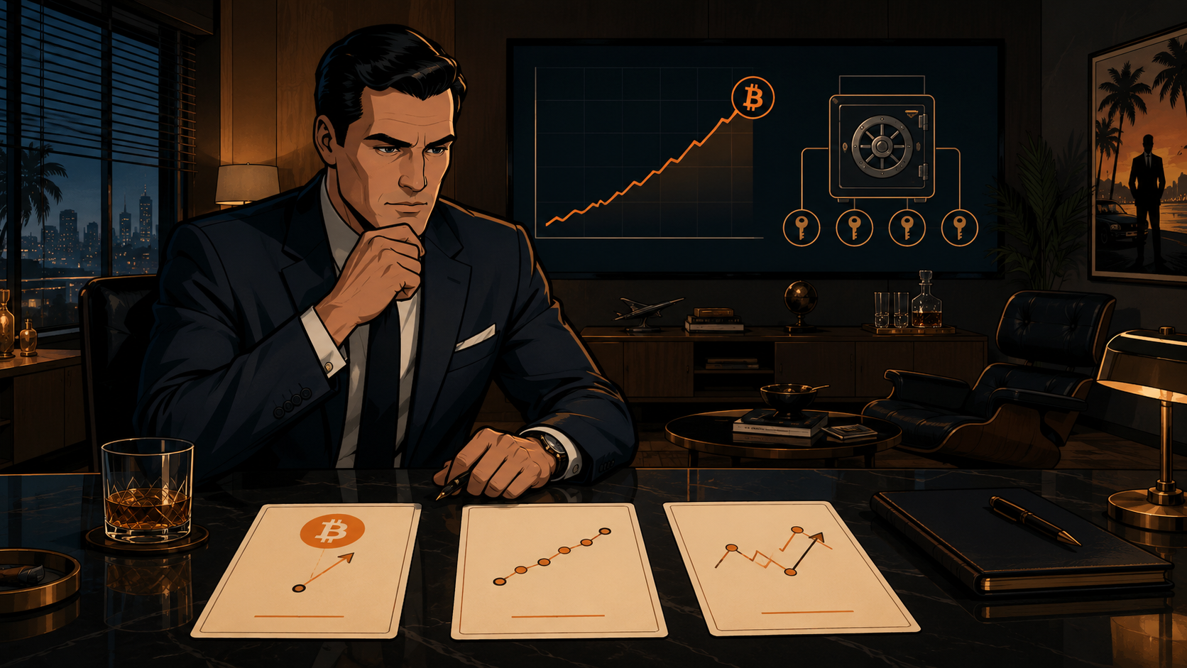 Serious investor reviewing Bitcoin accumulation strategy cards with custody vault architecture on screen in a private advisory setting