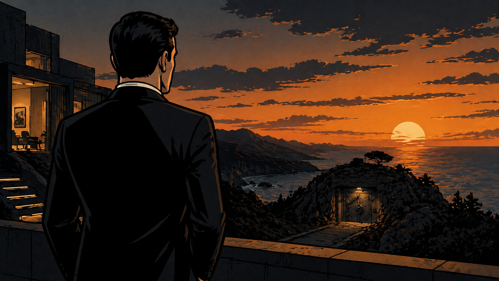 Illustration of a suited professional looking out over the ocean at sunset; a secure vault entrance sits in the cliffside below.