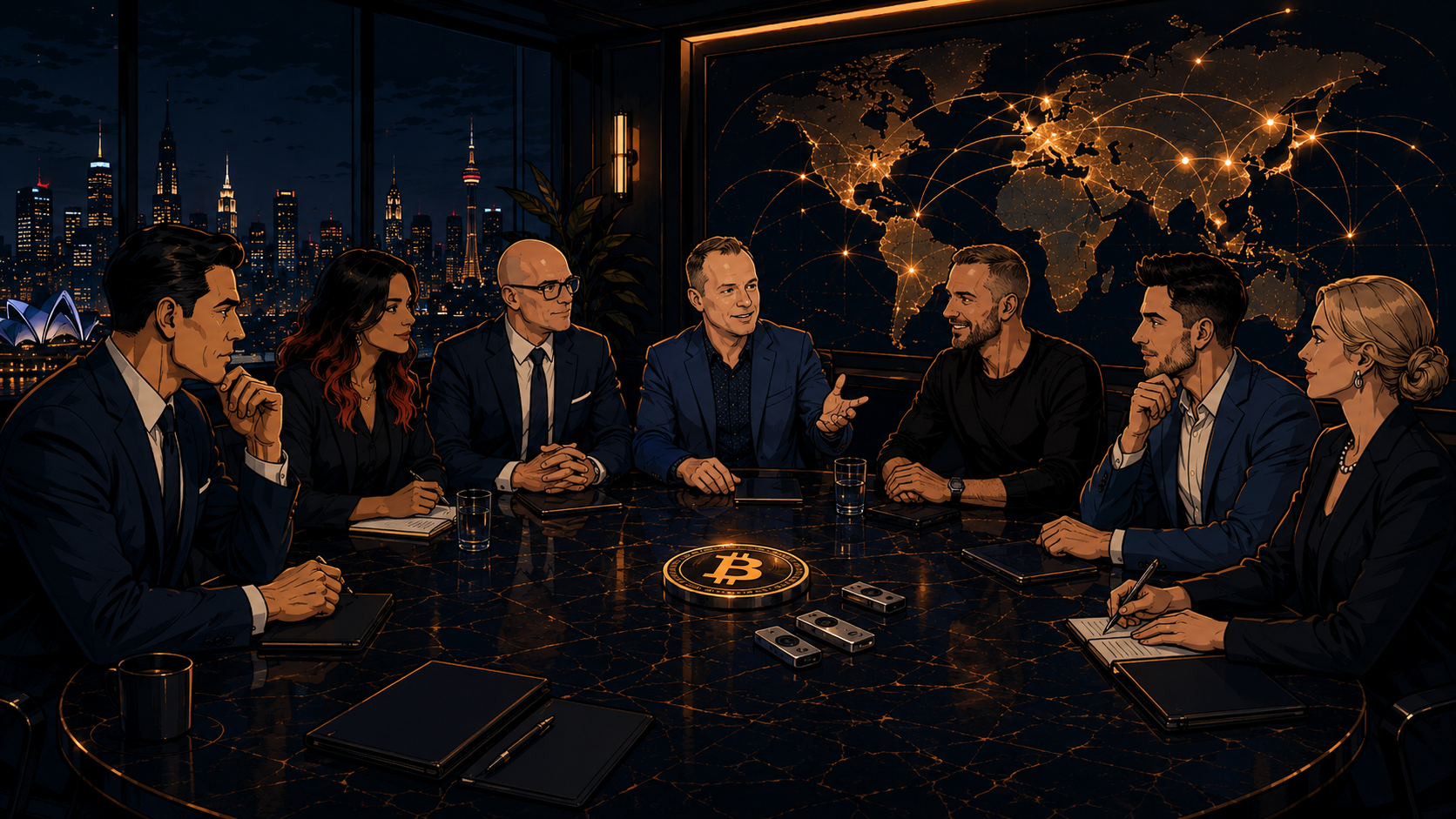 Global team of Bitcoin advisers in a boardroom with a central Bitcoin vault, city skyline, and world map showing international reach