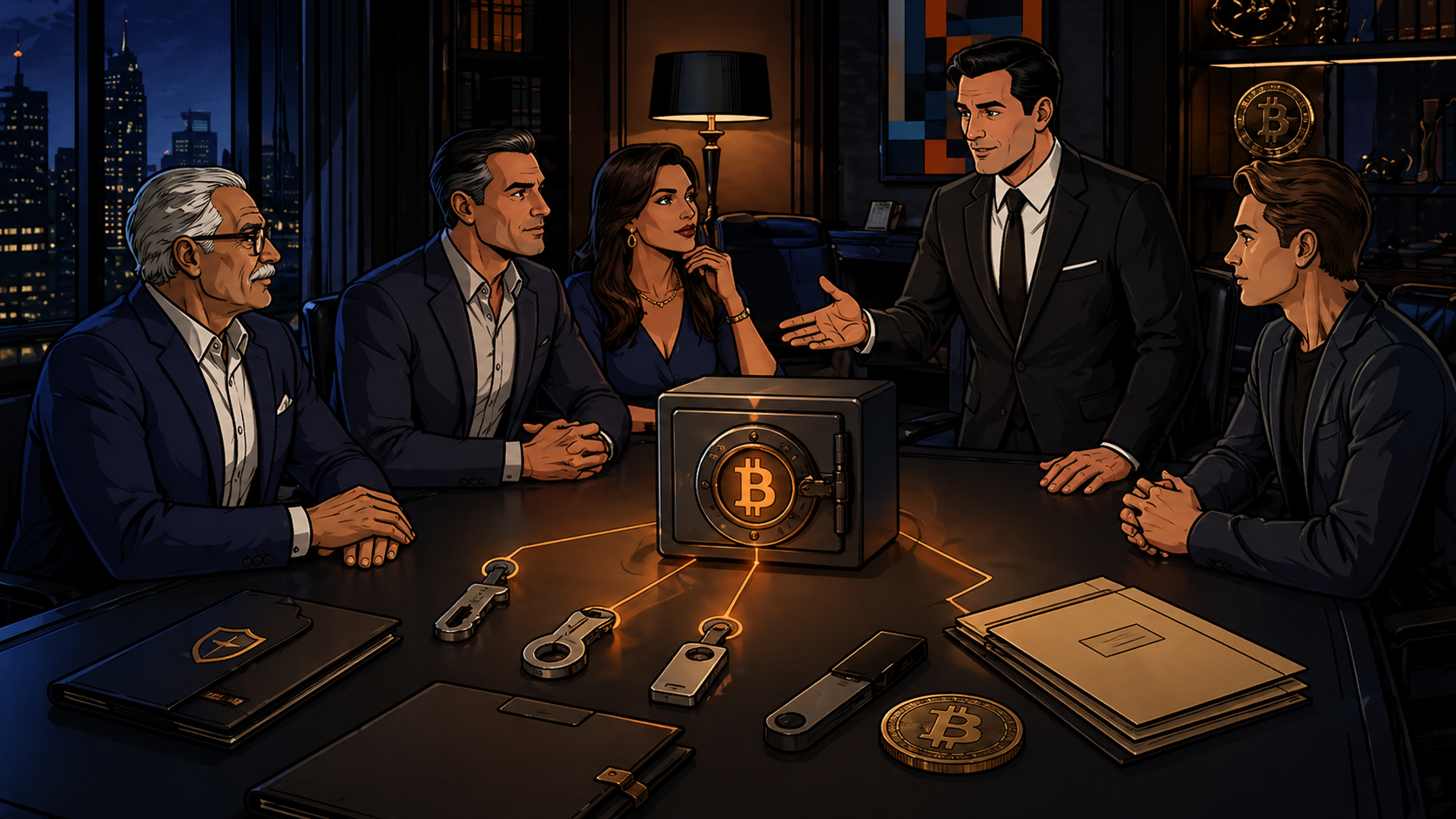 Illustration of a multi-generational family and adviser around a boardroom table at night, Bitcoin safe and hardware keys, city skyline beyond the windows