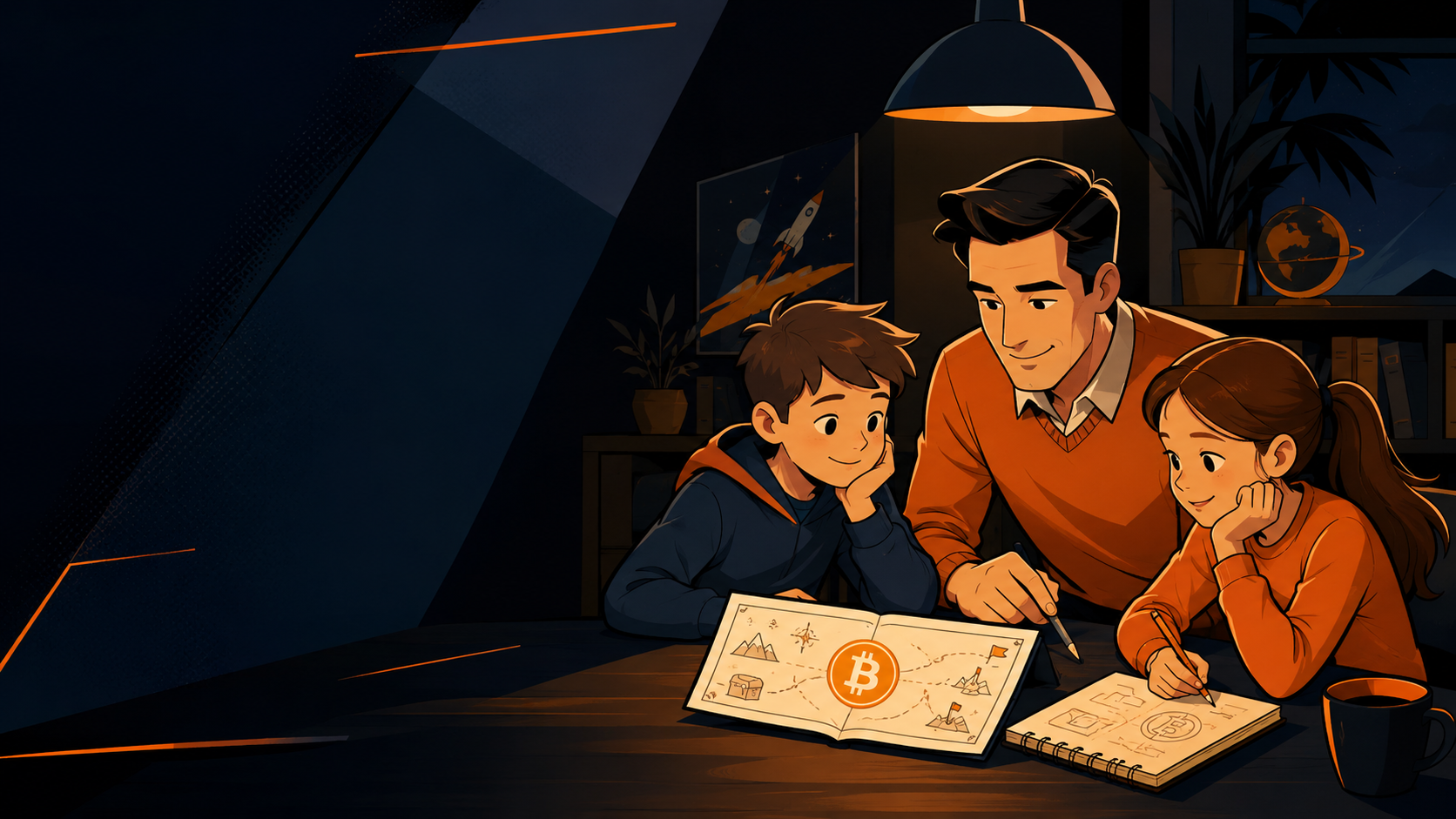 A parent and two children learning about Bitcoin together at a table, with a map-style book showing a Bitcoin symbol