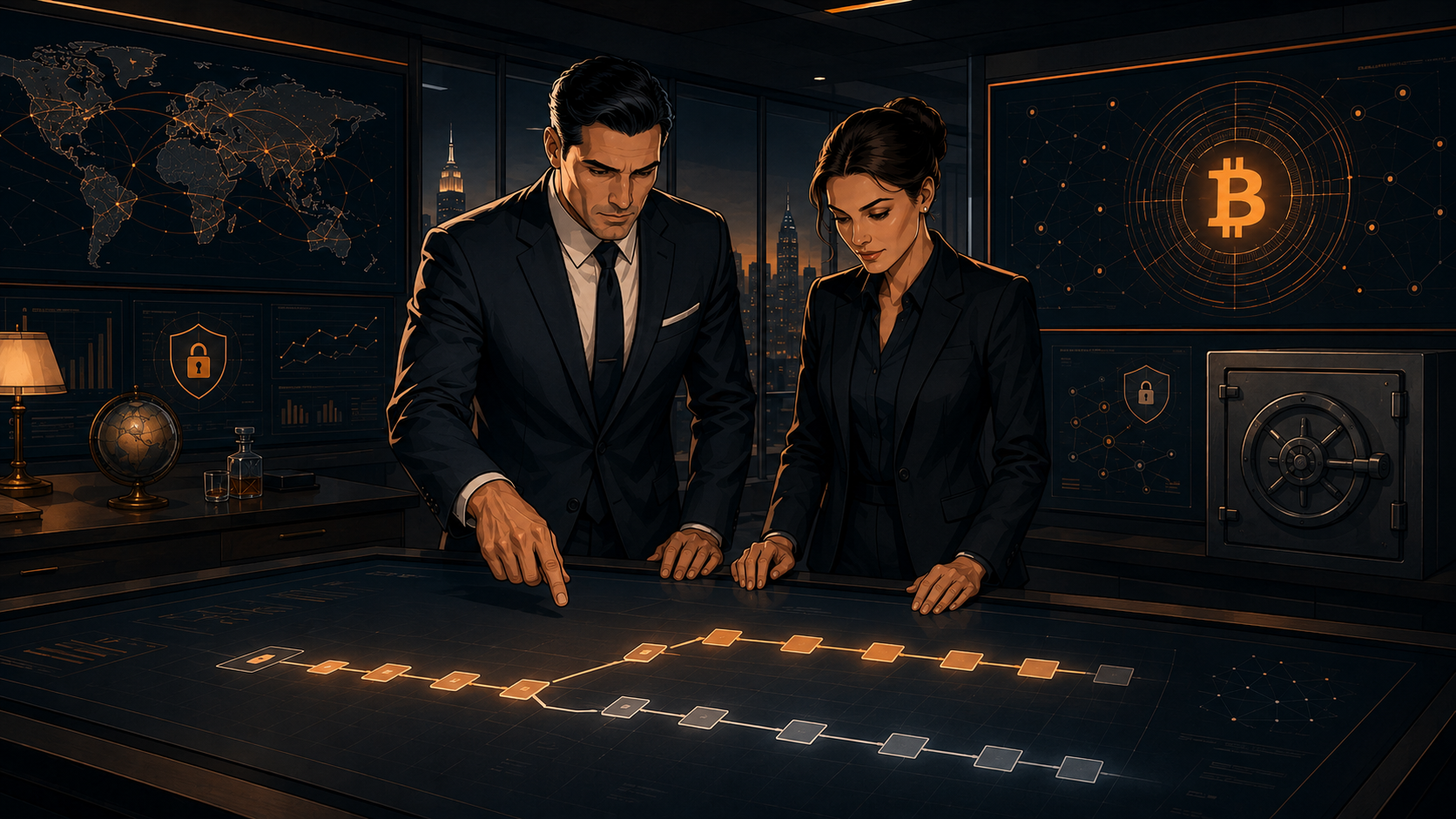 Two advisers reviewing a blockchain fork visualisation on a digital table in a secure operations room, with vault and Bitcoin security displays