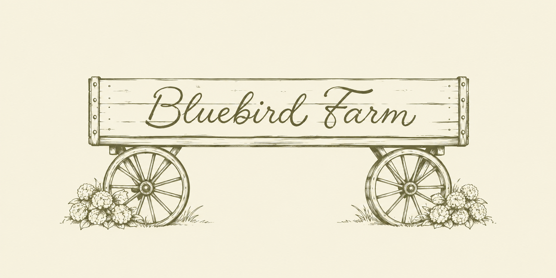 Simple hand-drawn sketch of Bluebird Farm’s wooden wagon and spoked wheels