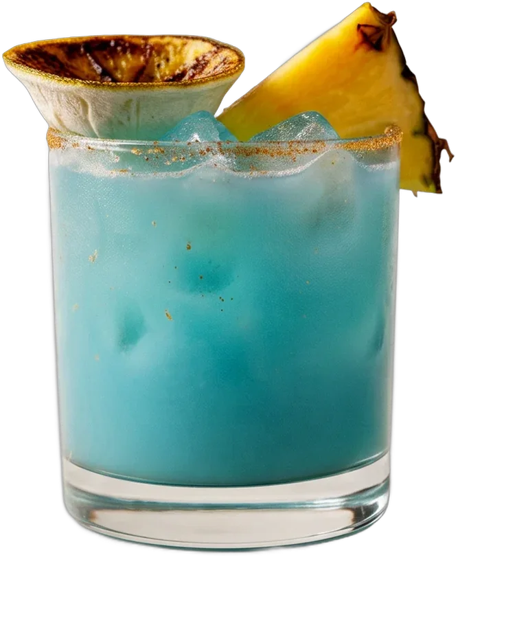 Head in the Clouds cocktail: blue, on the rocks, with a pineapple wedge and a toasted garnish