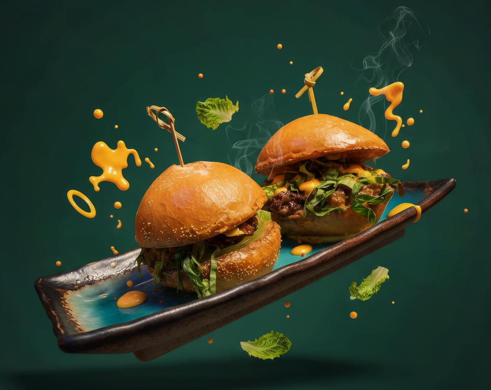Two chopped cheese sliders on a blue plate