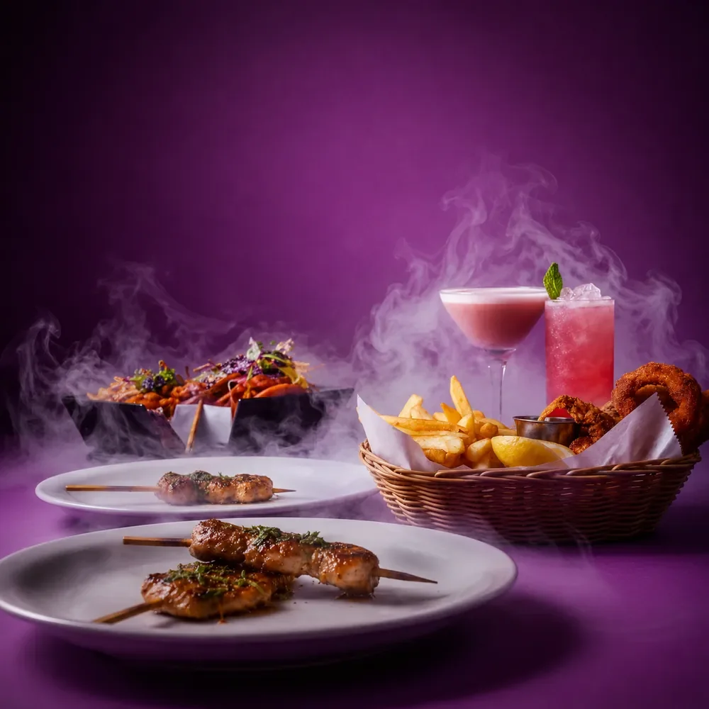 Skewers, a fried basket and two pink cocktails in purple smoke