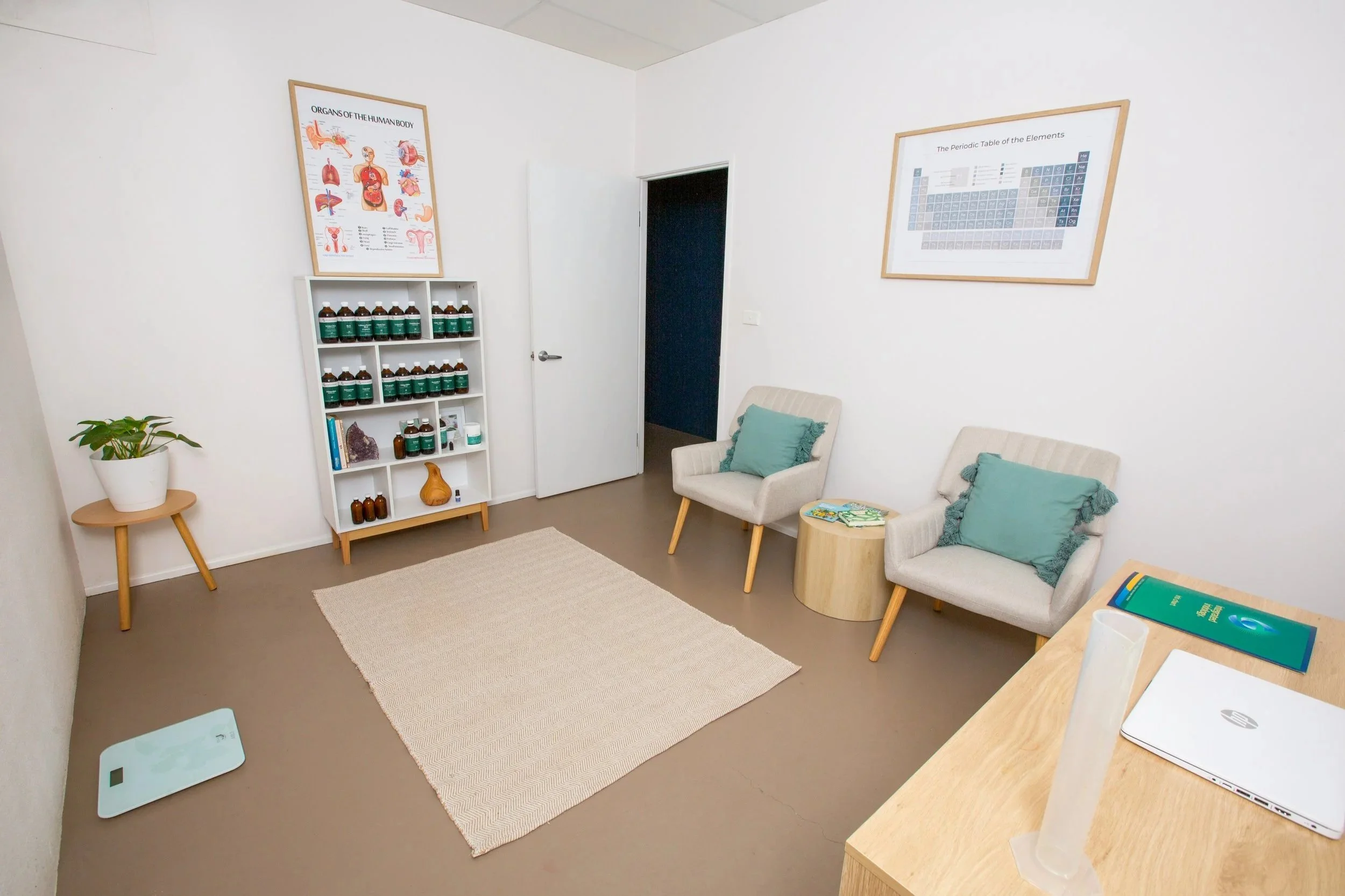 Consultation room at the Port Douglas naturopathy clinic, with a shelf of herbal remedies and two armchairs