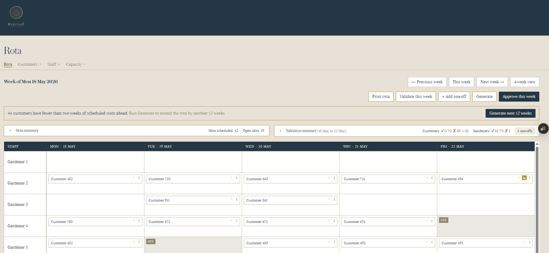 Heritage Horticultural scheduling app &mdash; weekly rota view