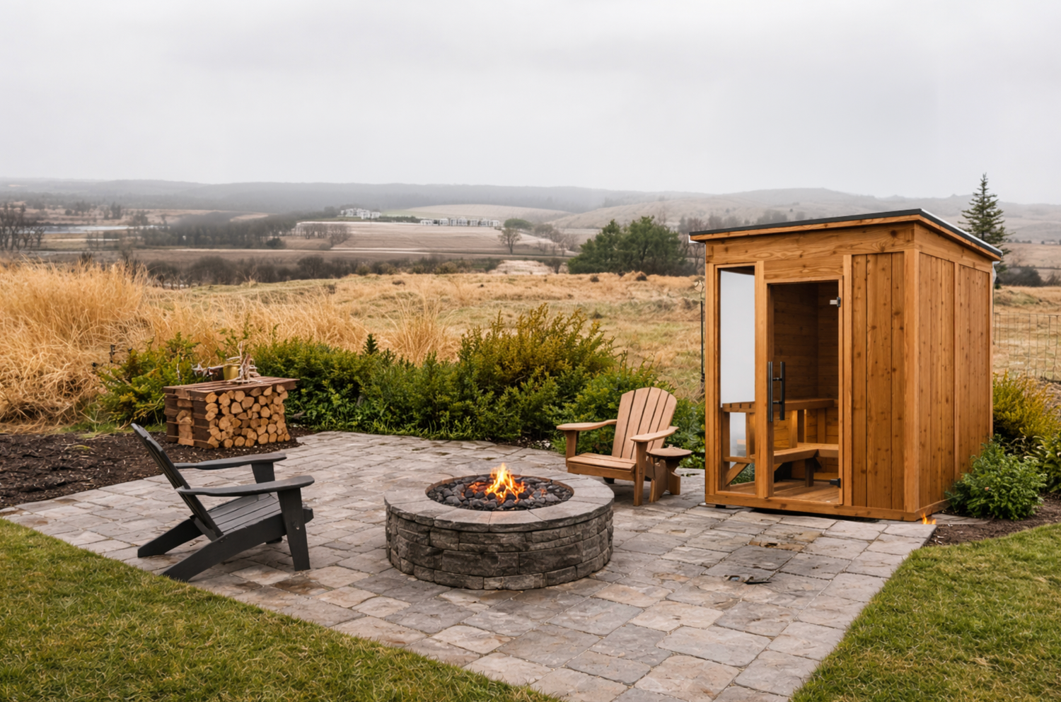 Concept rendering - sauna beside a fire pit patio