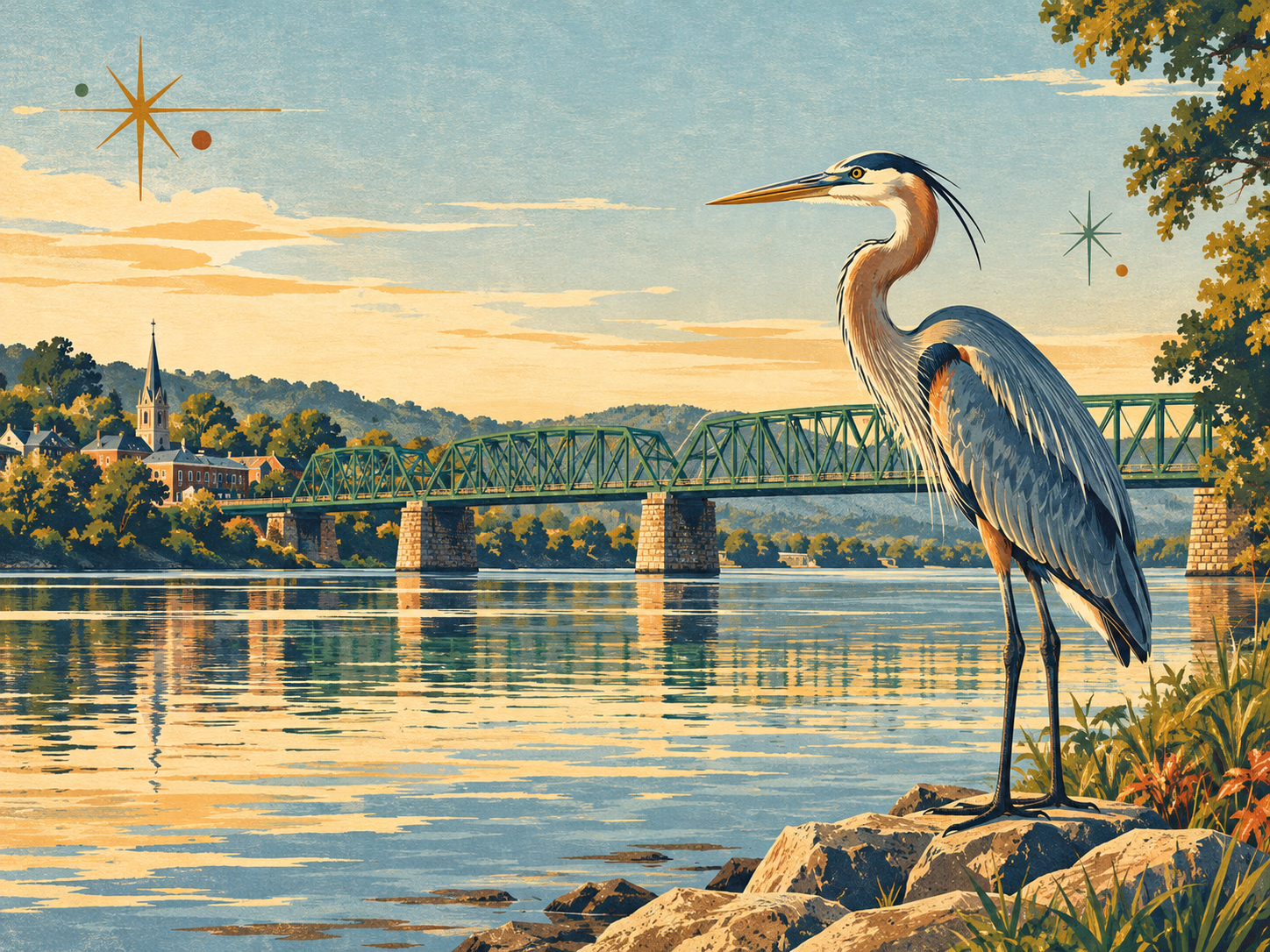 Illustrated great blue heron beside the Delaware River and green truss bridge