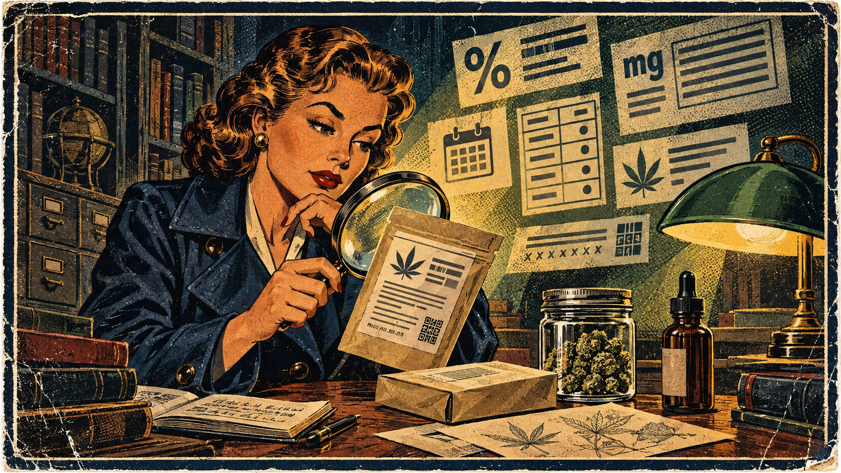 Adult-focused editorial illustration of a regulated cannabis label being examined like a vintage field guide specimen