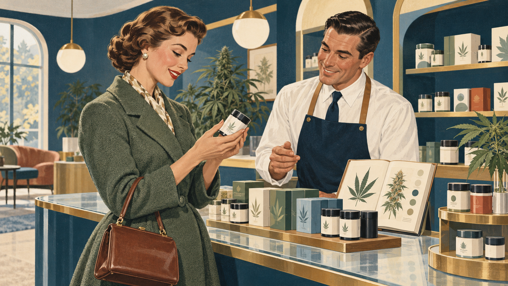 Adult visitor reviewing an educational dispensary field guide before shopping