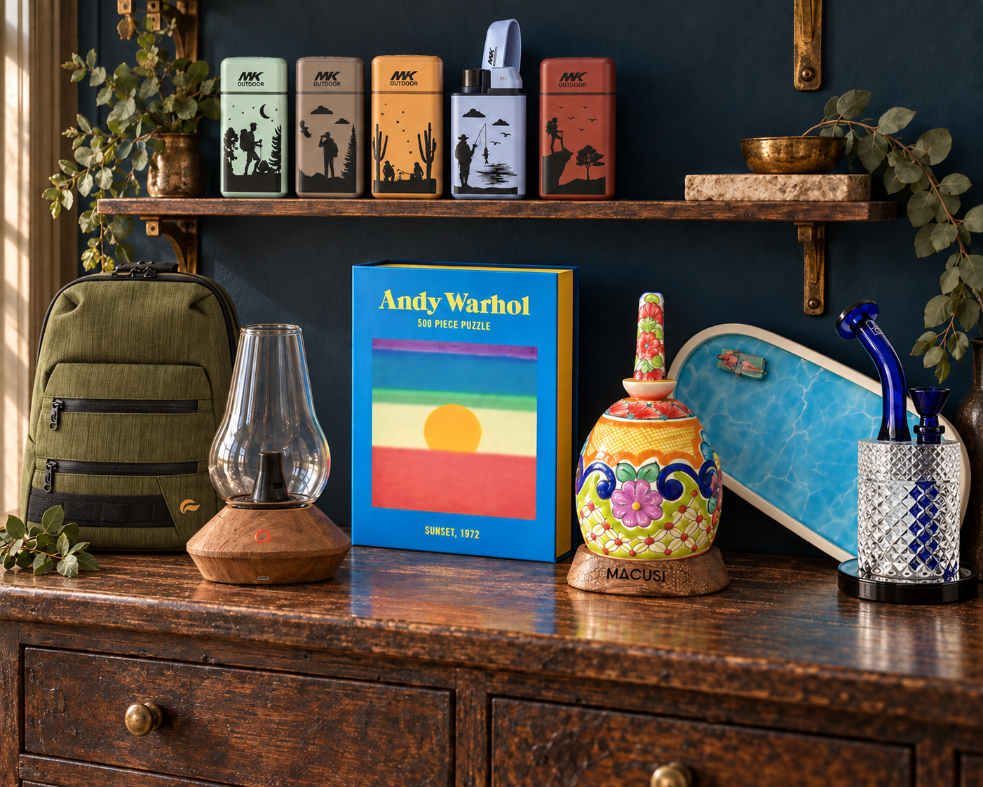 A warm, curated display of boutique merchandise and vintage details