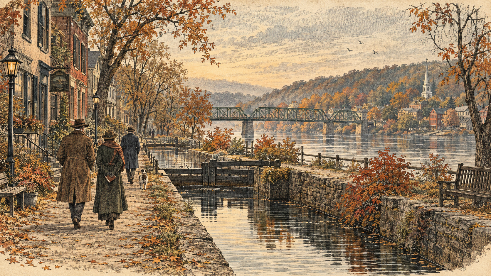 Autumn view of the Delaware River and canal landscape in Lambertville, New Jersey