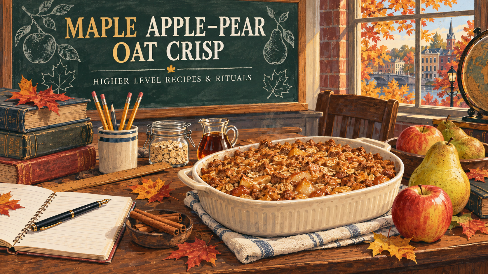 Maple apple and pear oat crisp in a ceramic baking dish on an autumn table