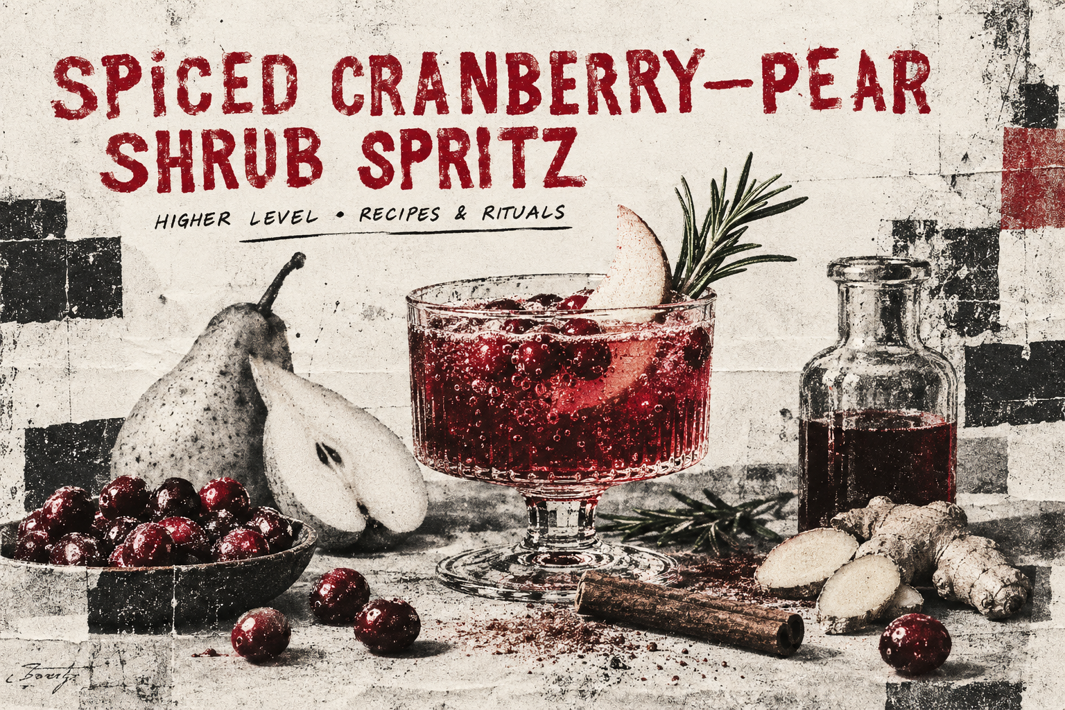Ruby cranberry and pear shrub spritzes with apples, pears, rosemary, cinnamon, and autumn glassware