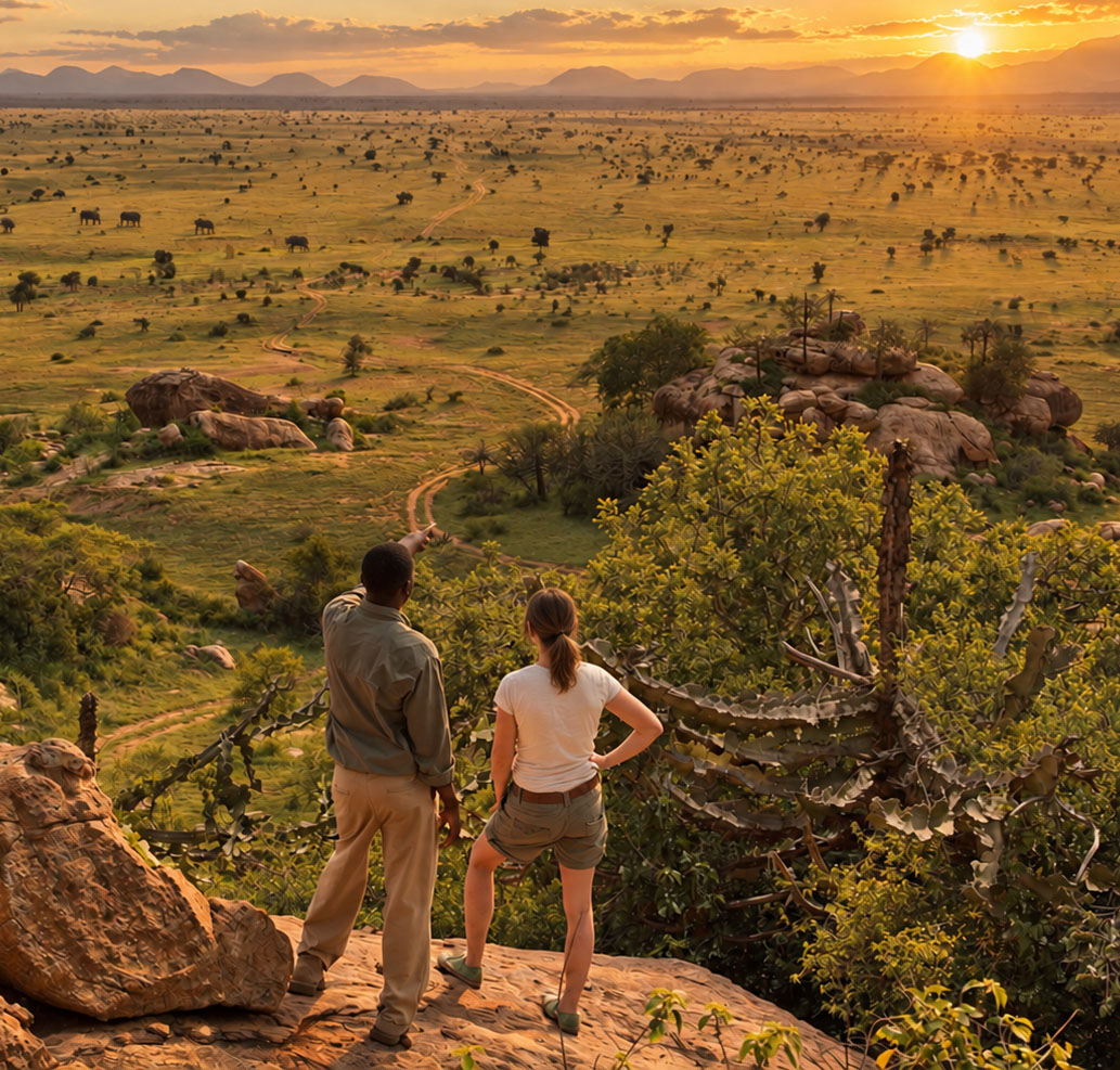 Walking safari during golden hour in the wilderness