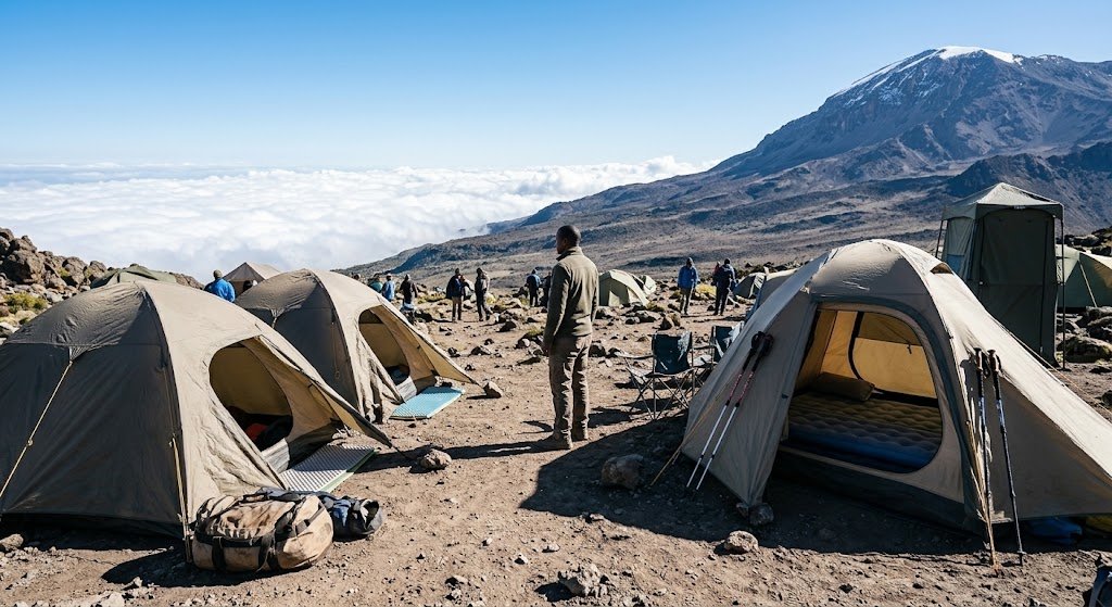 Trekkers navigating the alpine desert zone toward the summit rim